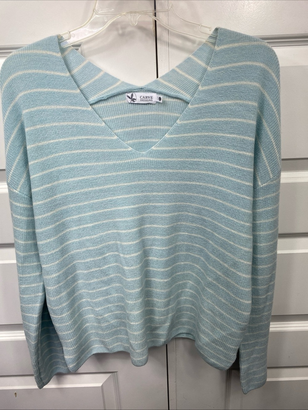 Carve Designs ZELLA Merino Sweater Relaxed V-Neck Wool Blend Striped Large Teal